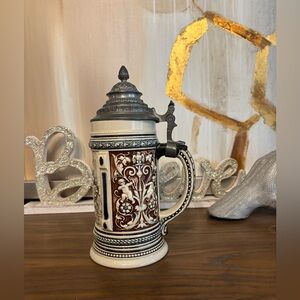 Antique 19th Century German Ceramic Lidded Beer Stein Brown/ Blue Cupids